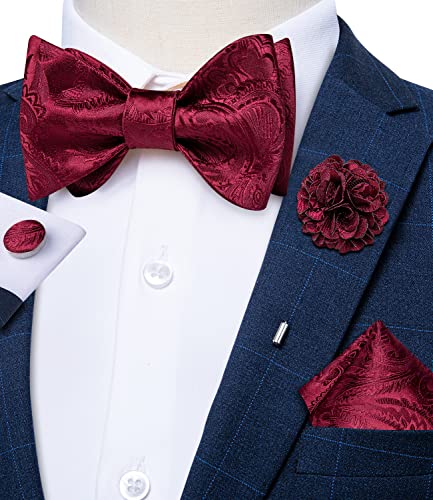 Image of DiBanGu Paisley Bow Ties for Men Silk Self Tied Bowtie and Pocket Square Cufflinks with Lapel Pin for Wedding Party