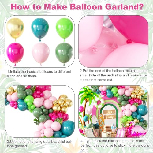 Image of 146Pcs Tropical Flamingo Balloon Arch Garland Kit, Hot Pink Dark Green Light Pink Lake Blue Gold with Flamingo Foil Balloons for Hawaiian Luau Aloha Summer Beach Birthday Party Decorations