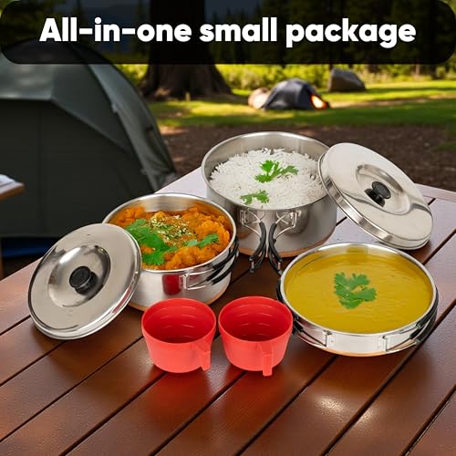 Image of 7 Piece Camp Cooking Set, 304 Stainless Steel Camping Cookware with Pot and Frying Pan Kit 2 Set Plastic Cups for Camping, Backpacking, Outdoor Cooking and Picnic