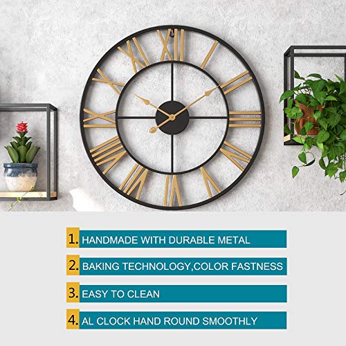 Eurson Large Wall Clocks Non-Ticking Silent 24 Inch Battery Operated Oversized Metal Round Roman Numerals European Industrial Wall Clocks For Home Kitchen Living Room Office Decor (Black&Gold, 24Inch) #TOP5