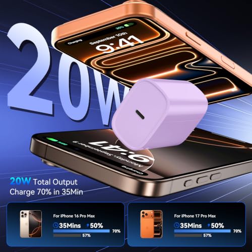 Image of Phone 17 16 15 Pro Charger Fast Charging, 20W USB C Fast Charger Block with 10FT Long Type C Chargers Fast Charging Cable Cord for Phone 17 /17 Pro /17 Pro Max /Air /16 Pro Max /16 Pro /15Pro-Lavender