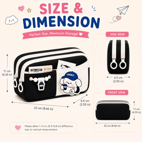 Image of Cute Aesthetic Pencil Case for Girls & Boys | 3 Layer 6 Compartment Large Capacity Pencil Pouch with Zipper | Cartoon Stationery Organizer Bag for Students & Kids (Black)