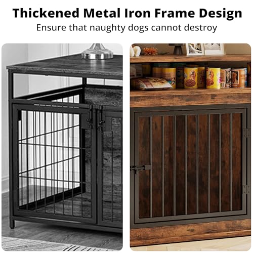 IRONCK 44" Corner Dog Crate with 2-Tier Shelves, Wooden Dog Kennel Furniture, Dog Kennel Indoor Furniture for Small and Medium Dogs, Rustic Brown (23.6" L x 43.3" W x 32.3" H) - Image 5