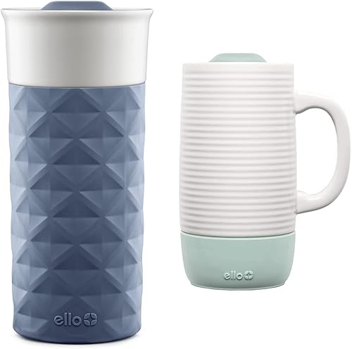 Ello Jane - Taza de viaje de cerámica de 18 onzas con asa, tapa deslizante resistente a salpicaduras y posavasos incorporados y taza de viaje de