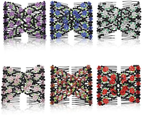 metagio 6 Pcs Crystal Beads Hair Combs, Elegant Elastic Hair Slides Beads Double Women Hair Clip Stretchy Hair Comb Double Clip DIY Hair Styling Tool for Women Ladies Girls Hair Styling