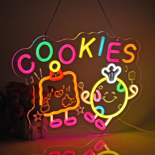 Image of Cookies Neon Sign, Neon Lights Hanging Wall Art Decoration for Store Retail Shop Market Mall Grocery Bakeries Cafes Celebration Home Decor, USB Powered Ultra Bright Dimmable, 15.75x11.8inches