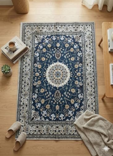 Image of CASA-NEST Premium Velvet Print 4x6 Feet Carpet, Soft Touch Anti-Skid Backing, Traditional Persian Style Area Rug - Midnight Blue Floral