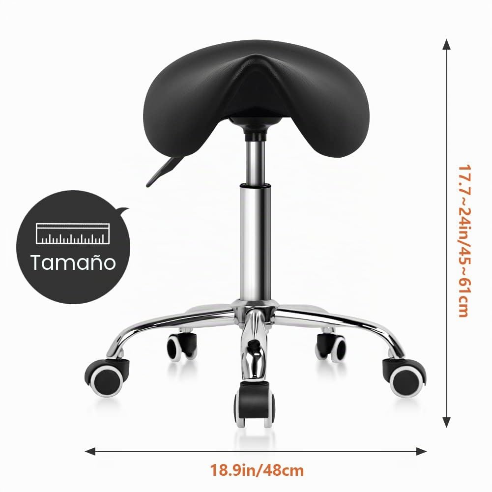 KKTONER Taburete Tipo Silla de Montar, Altura Ajustable 45-61cm, Giratorio 360° con Ruedas, Taburete de Oficina sin Respaldo para Estética, Peluquería y Hogar Negro