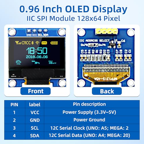 Image of 5 Pcs 0.96 Inch I2C OLED Display Module, SSD1306 Driver I2C Serial Self-Luminous Display Board for Arduino Raspberry Pi (Blue & Yellow)