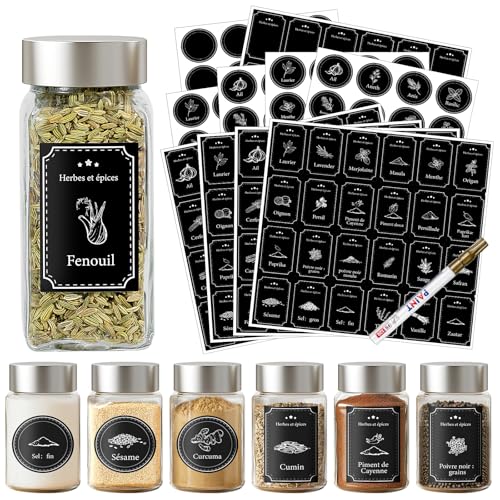 Joyoldelf 240 Etiquettes Epices Francais Noires:120 Rectangulaires + 120 Rondes, 48 Étiquettes Vierges + Marqueur, Étiquette Epice, Rangement Epices,...