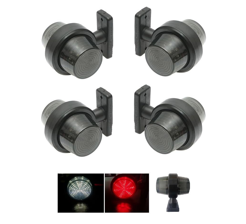 4 Feux de Gabarit et d’Encombrement LED 12V 24V Blanc Rouge Cabochon Fumé/Teinté Feux de Position Latéraux Coudé Court en Caoutchouc Camion Caravane Remorque Véhicule Agricole Utilitaire