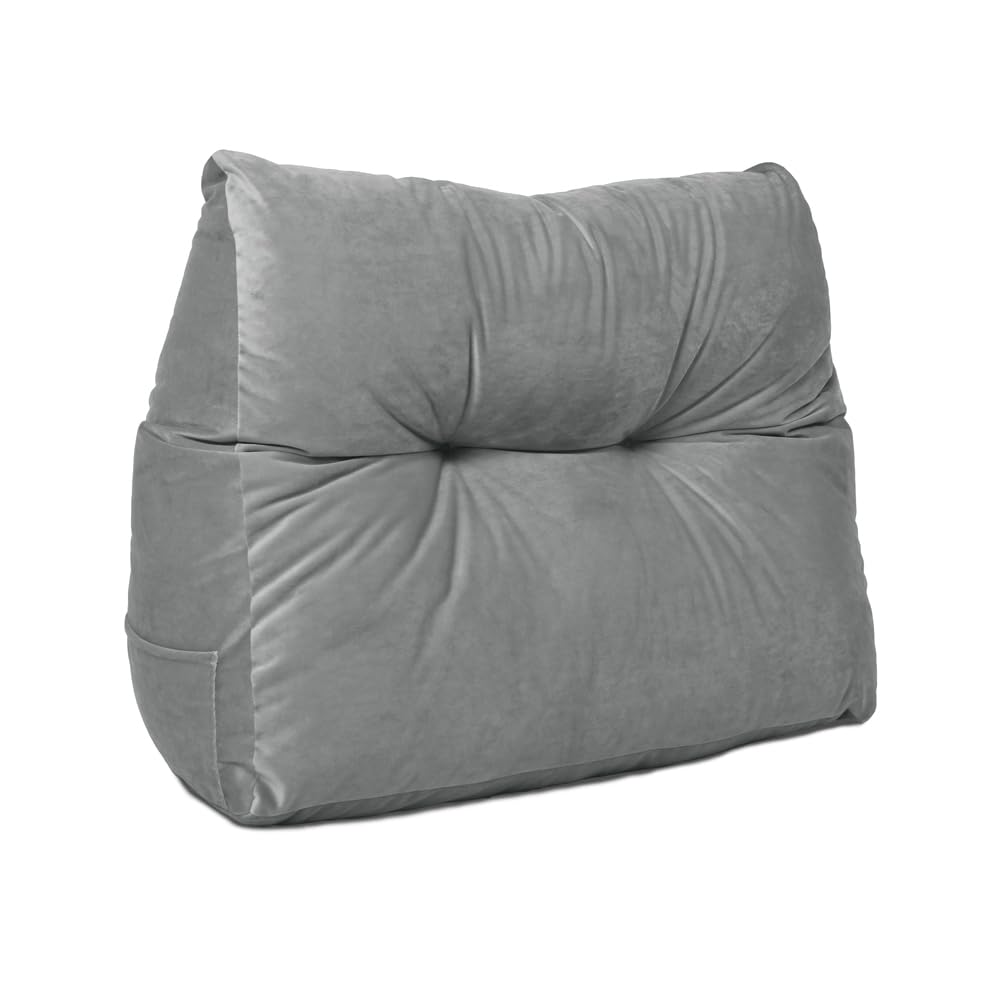 Lancashire Textiles Grey 20 X 50 X 60Cm (Armchair) Luxury Velvet Triangular Wedge Bedroom Armchair Headboard Cushion - Headboard Bolster Support Pillow For Bed, Sofa, Chair - Made In Britain