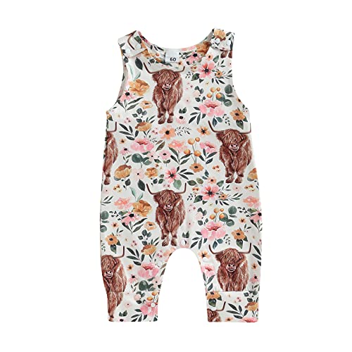 Image of Karuedoo Western Baby Boy Girl Clothes Cow Print Sleeveless Romper Jumpsuit One Piece Bodysuit Outfit Boho Summer Clothes (D-White Pink Flowers, 6-12 Months)