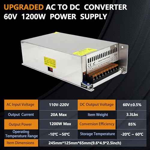 60V Power Converter Supply 110V to 60V Converter AC to DC Converter 110V to 60V SMPS 60V 20A 1200W AC DC Power Adapter 60V Transformer Designed for LED Car Devices and CCTV (60V, 60V-20A-1200W)2