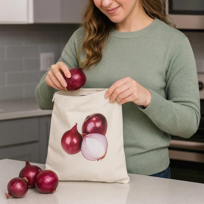 Image of Khedu Fab100% Cotton Reusable Vegetable Bags for Fridge | Eco-friendly Storage Bags for Kitchen Organizer | 10 Pcs | Washable Breathable Zipper Cloth Bags for Vegetables | Vegetable Bag
