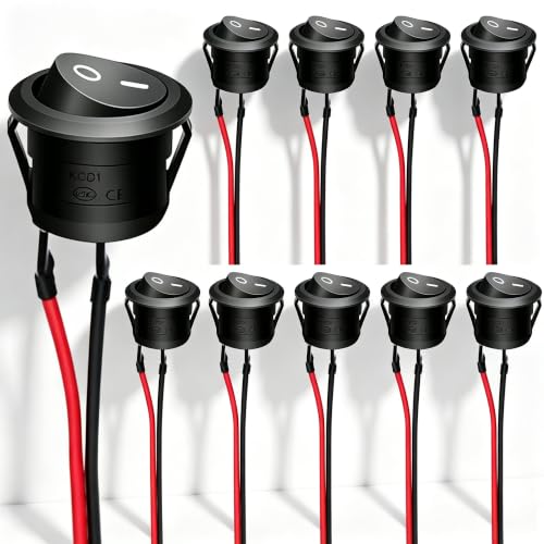 Twidec/10Pcs 12V Round Rocker Switch AC 6A/250V 10A/125V SPST 2 Pin 2 Position On/Off Toggle Switch for Car Boat Automotive RV Black with Pre-soldered Wires KCD1-X-Y