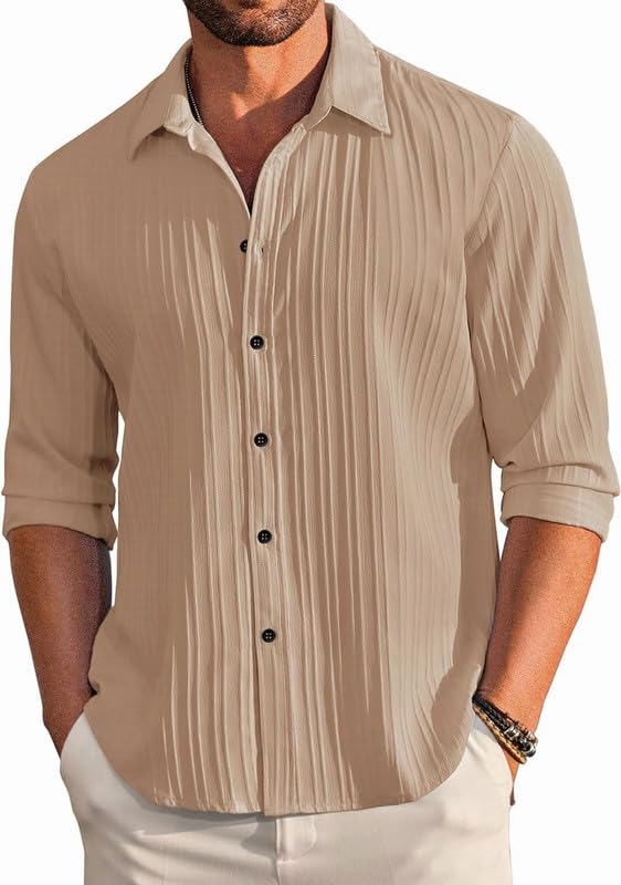 DEELMOMen's Casual Button Down Shirts Long Sleeve Linen Shirt Fashion Textured Beach Summer Shirt