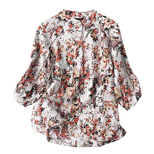 Floral Peasant Buttons for Women Collared 3/4 Sleeve Cute Shirts Flowy Relax fit Tops Vacation Dressy Boho Ladies Blouses