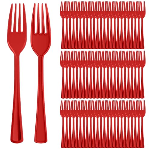 Roshtia 100 Pcs Red Plastic Forks Red Forks 7.3 Inch Heavy Duty Cutlery Utensils Sets for End of The Year Party Favor Teacher Appreciation Birthday Wedding Back to School Supplies