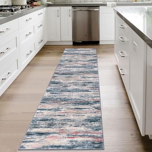 2x8 Teal Blue Peach Gray Multi Modern Abstract Runner Rug for Hallways, Super Soft Hallway Decor Kitchen Rugs with Non-Slip, Non-Shedding Washable Rug for Entryway Bedroom Laundry Indoor