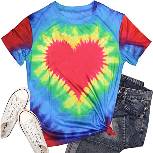 Women Tie Dye Heart Graphic T Shirt Valentines Lover Short Sleeve Tops