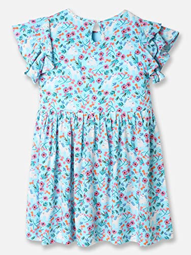 Image of UrbanMark Junior Girls Rayon Floral Printed Cap Sleeves Dress with Stylised Ruffles -Light Blue