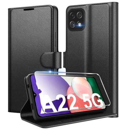 Eirltiy Cover per Samsung Galaxy A22 5G Portafoglio Pelle PU Premium, Custodia Scomparti Carte Antiurto Protettiva Case con 1 Vetro Temperato, Nero