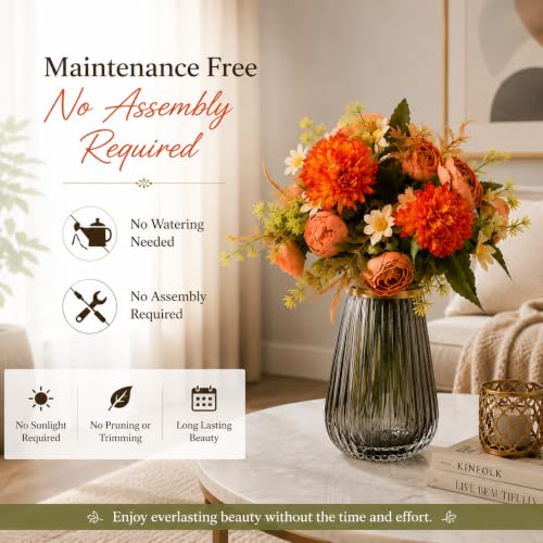 Image of CURATED CART Artificial Flowers 2 Bunches - 9 Mixed Flower Heads Each - Roses, Daisies & Chrysanthemums - Faux Flowers for Vases, Home Decor, Office, Parties (Orange) (No Vase)