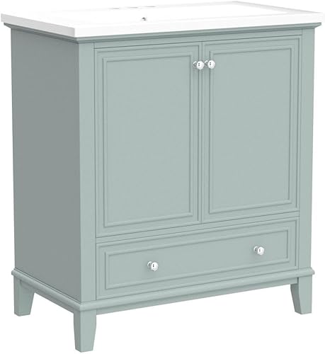 Miniatura 7 de Armario de tocador de baño de 30 pulgadas con juego de encimera de cerámica para fregadero, cajones multifuncionales y estante de almacenamiento,