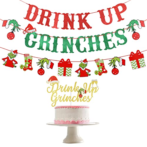 Drink Up Grinches Banner rot und grün Glitzer, Drink Up Grinches Cake Topper, Grinchsmas Christmas Decorations The Grinch Party Decor, Christmas Party Decorations for Home Office Kaminsims Cover