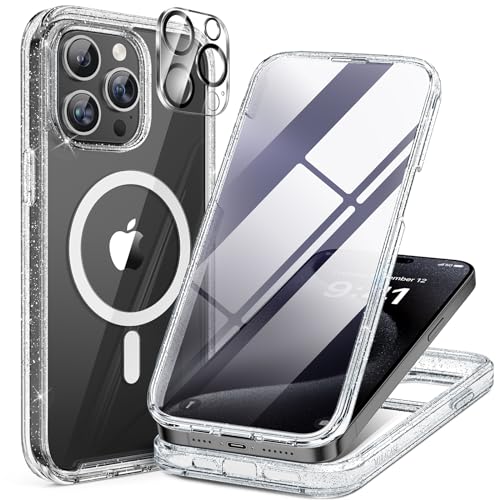 Image of Miracase Magnetic for iPhone 15 Pro Max Case 6.7'' [Compatible with Magsafe] Full-Body Drop Proof Phone Case for iPhone 15 Pro Max with Built-in 9H Tempered Glass Screen Protector,Clear Glitter