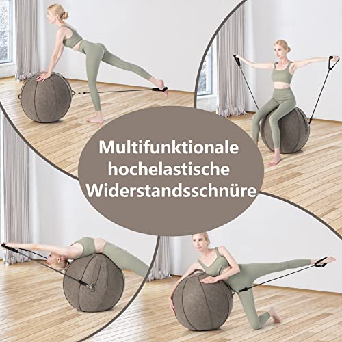 Foto von GYMAX Gymnastikball φ65cm, Sitzball mit Abnehmbarem Widerstandsband & Pumpe & Filzbezug, Yoga Ball für Zuhause, Büro & Fitnessstudio (Kaffee)
