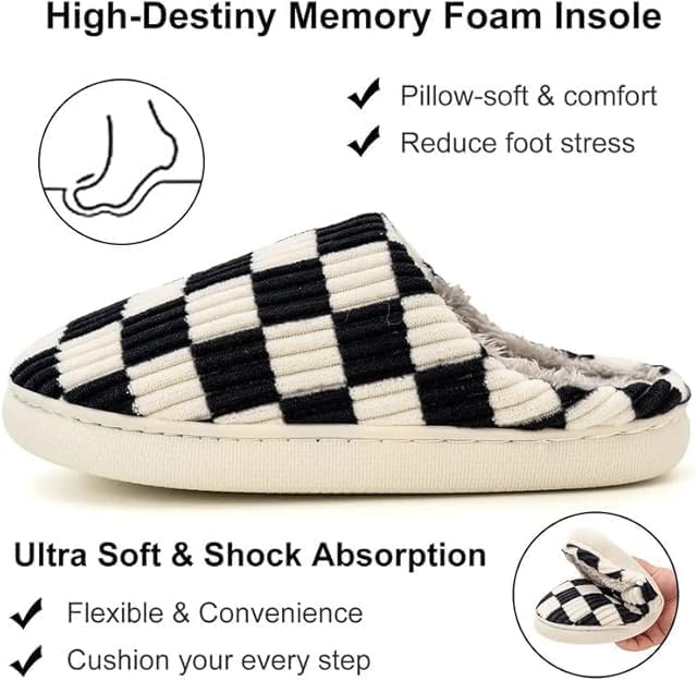 kissxiaoya Unisex House Slippers, Plaid Scuff Slides, Womens Cozy Memory Foam Slipper, Slip on Warm Checkered Shoes Indoor Outdoor with Anti-slip sole (Black, 9.5-10.5) - Image 2