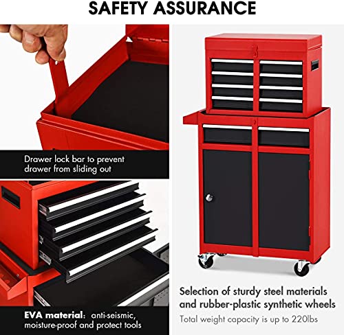 Bushly 5-Drawer Rolling Tool Chest, Big Tool Storage Cabinet With 4 Lockable Wheels & Adjustable Shelf, Portable Toolbox Cart For Warehouse, Garage, Repair Shop (Red + Black) #TOP2