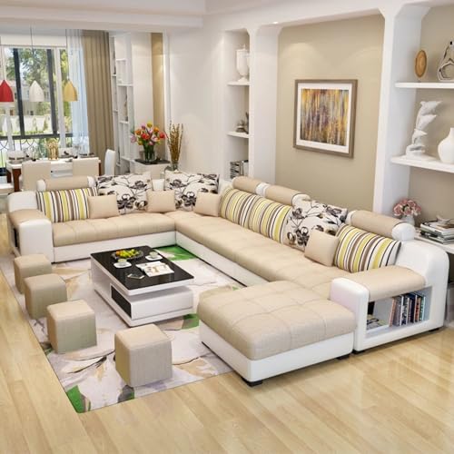 Image of Torque - Callister 12 Seater Interchangeable Sofa for Living Room (Right Side, Beige & White) | Large U Shape Fabric Sofa Couch with 4 Puffy & Storage | 3 Years Warranty