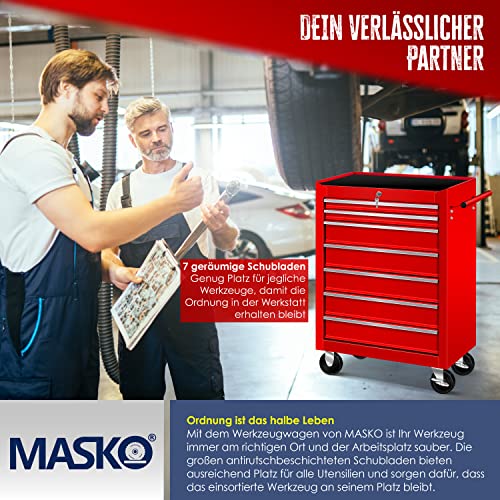 Masko® Werkstattwagen - 7 Schubladen, rot ✓ Abschließbar ✓ Massives Metall | Mobiler Werkzeug-Wagen ohne Werkzeug | Profi Werkstatt-Wagen | Rollwagen zur Werkzeugaufbewahrung mit Schloss | – Bild 6