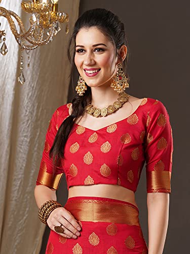 Image of AKHILAM Women's Floral Silk Blend Woven Design Saree With Unstitched Blouse Piece (Red 2RAWS9030 WBG)