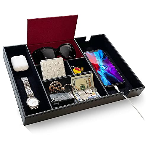 SUKKMORI Valet Tray for Men and Women - PU Leather Nightstand Organizer with 6 Compartments, Desk Catchall Tray for EDC, Keys
