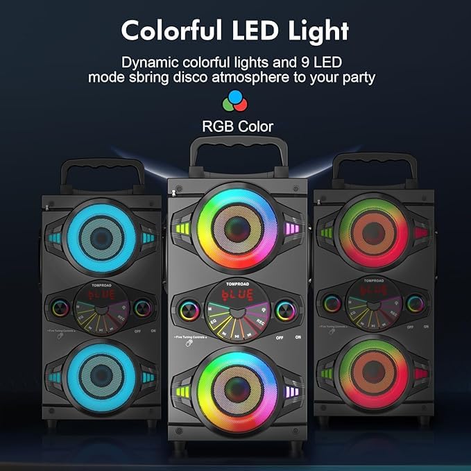 TOMPROAD Altoparlanti Bluetooth portatili 60W Grande e potente altoparlante stereo wireless ad alto volume Boombox Home Party con subwoofer, radio FM, luci colorate LED