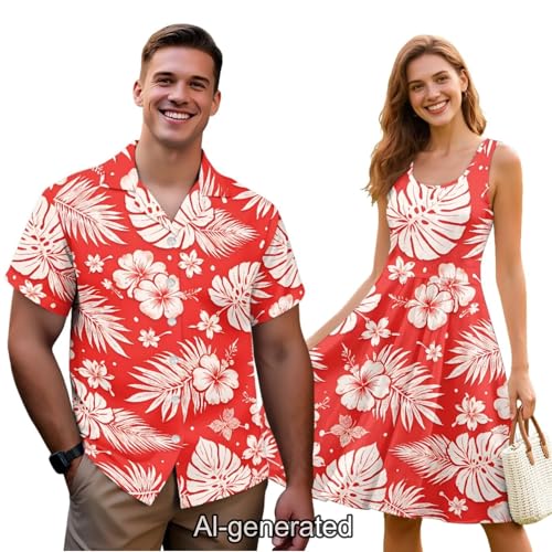 Image of Dreaweet Summer Dresses for Women A-Line Sleeveless Flowy Sun Dresses,Men's Casual Button-Down Shirts,Couple Matching Outfits