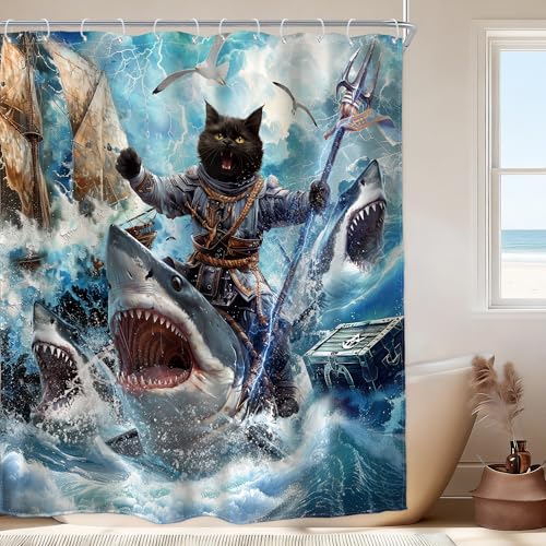 Image of Funny Black Cat Shower Curtain Riding Shark Surfing 60Wx72H Inch Decor
