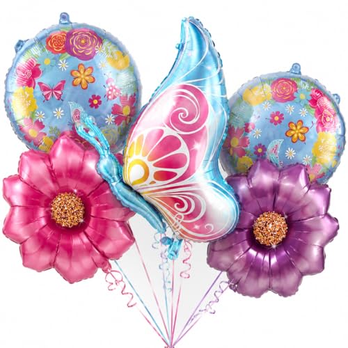 Image of Wanna Party Butterfly & Flowers Foil Balloon Bouquet Set of 5 | Butterfly Theme Helium Supported Balloons for Birthday Party Decoration, Cake Table Setup & Celebration Backdrop