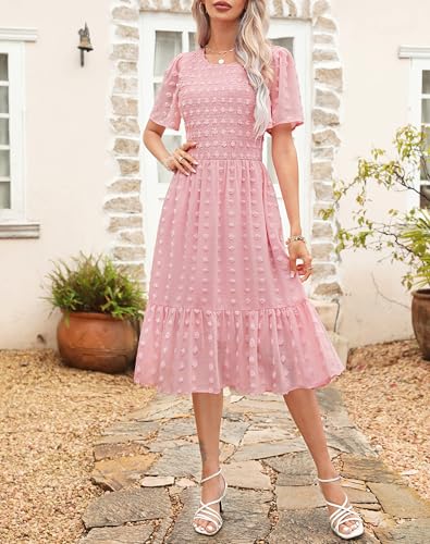 Image of Kranda Women 2025 Summer Spring Round Neck Flutter Short Sleeve Casual Swing Flowy Ruffle Smocked Swiss Dot Midi Dress