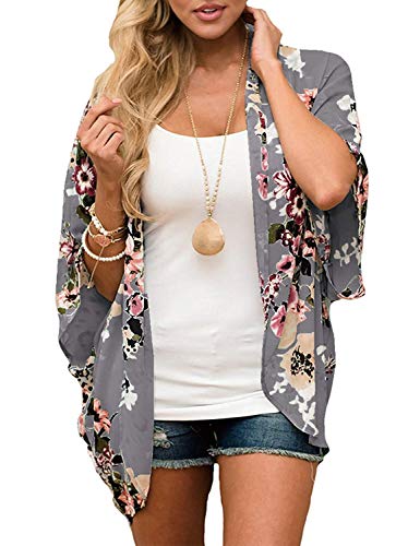 Womens Floral Chiffon Kimono Cardigans Loose Beach Cover Up Half Sleeve Tops XL