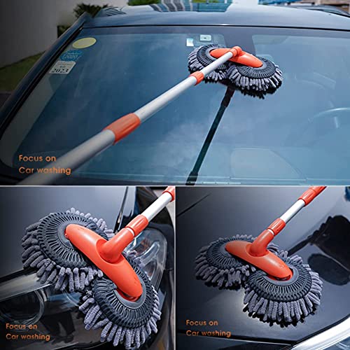 Image of Car Wash Mop with Long Handle, Telescopic Rotating Car Mop, Car Wash Brush Car Cleaning Brush Tool, Double Head Windshield Cleaner Caravan Accessories for Car Washing /Mopping /Glass Cleaning