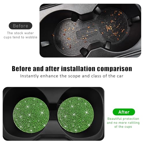 Image of Ziciner 2PCS Bling Car Cup Holder Coaster, 2.73 Inch Anti-Slip Cup Insert Coasters, Crystal Rhinestone Auto Drink Cup Mat, Universal Interior Decor Car Accessories for Women Girls (Light Green)