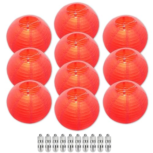 Image of Red Chinese Paper Lanterns with LED Lights, 10-Pack 10inch | Hanging Lights for Chinese New Year, Anniversary, Birthday Decorations, Ceiling Decor & Home Party