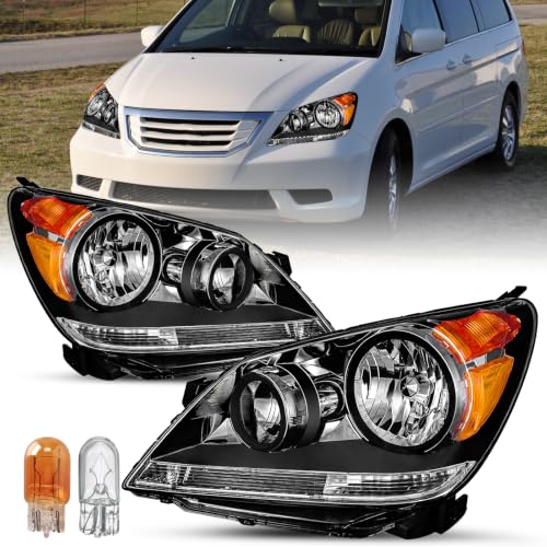SOCKIR Headlight Assembly for 2005-2010 Honda Odyssey [Factory Halogen Type] Headlamp Black Housing with Amber Reflector