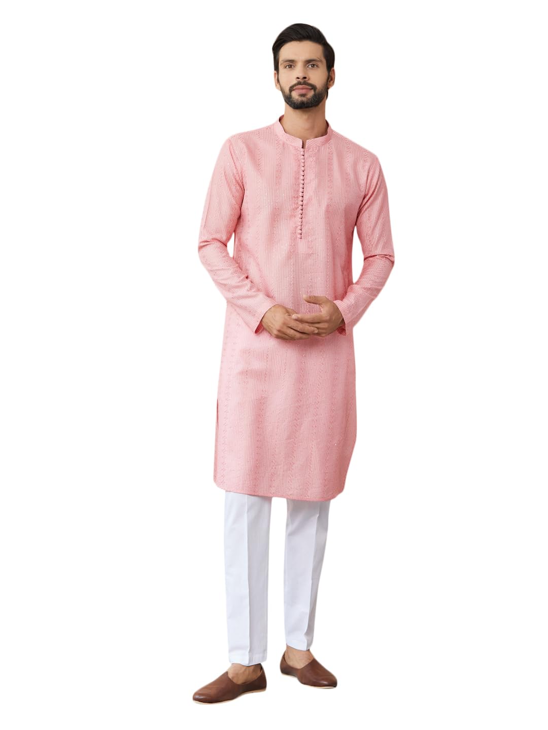 See Designs Men's Long Sleeve Mandarin Collar Side Slit Pink Embroidered Thread Work Sequinned Chanderi Silk Straight Kurta - Sdkt2511M
