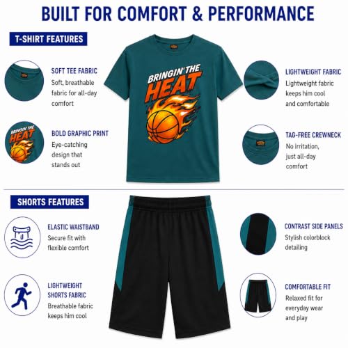Image of Pro Athlete Boys Shorts Sets - 4 Piece Dry Fit Short Sleeve Crewneck Graphic Tee and Performance Shorts for Boys (Sizes 8-16)